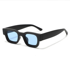Retro Small Frame Sunglasses For Men with blue lenses and a stylish black frame.