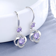 S925 Sterling Silver Earrings South Korea Elegant Long with purple diamonds and floral design