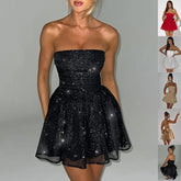 Tube Top Lace Dress With Back Bow-knot Summer Fashion Temperament Mesh Stitching Off-neck Short Skirt in black with glitter.