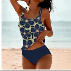 Vintage Printed Split High Waist Conservative Swimwear on a model at the beach, showcasing floral design and high waist style.