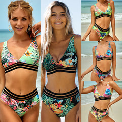 Ladies Printed Split Bikini Swimsuit in vibrant tropical patterns, perfect for summer - available in multiple colors.