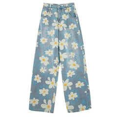 New Summer Printed Floral Wide-leg Washed Jeans For Women in blue with floral print, perfect for casual wear.