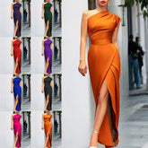 Women's One-shoulder High Waist Front Slit Temperament Dress in various colors displayed on models.