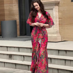 Sexy Elegant Graceful Short Sleeve Sweet Dress in vibrant floral pattern with ruffled sleeves, perfect for summer occasions.