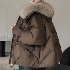 Down Cotton-padded Jacket Women's Short Fur Collar Thickened Coat in brown with stylish design and long sleeves.