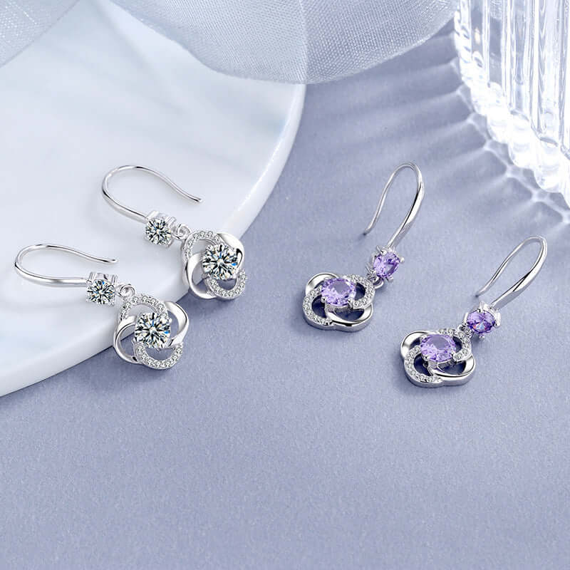 S925 Sterling Silver Earrings South Korea Elegant Long featuring white and purple diamonds on a stylish backdrop.
