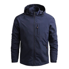Men's Fashion Solid Color Single Outdoor Jacket in navy blue, featuring a hood and stylish design.