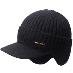 Warm Ear Protection Hat Men's Thickened Woolen Cap in black with ribbed texture and sport label.