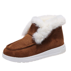 women's winter snow boots Plush Flat Thickened warm in brown with white fur lining, stylish and comfortable for cold weather.