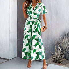 Women's Short Sleeve Printing Color Contrast High Waist Jumpsuit