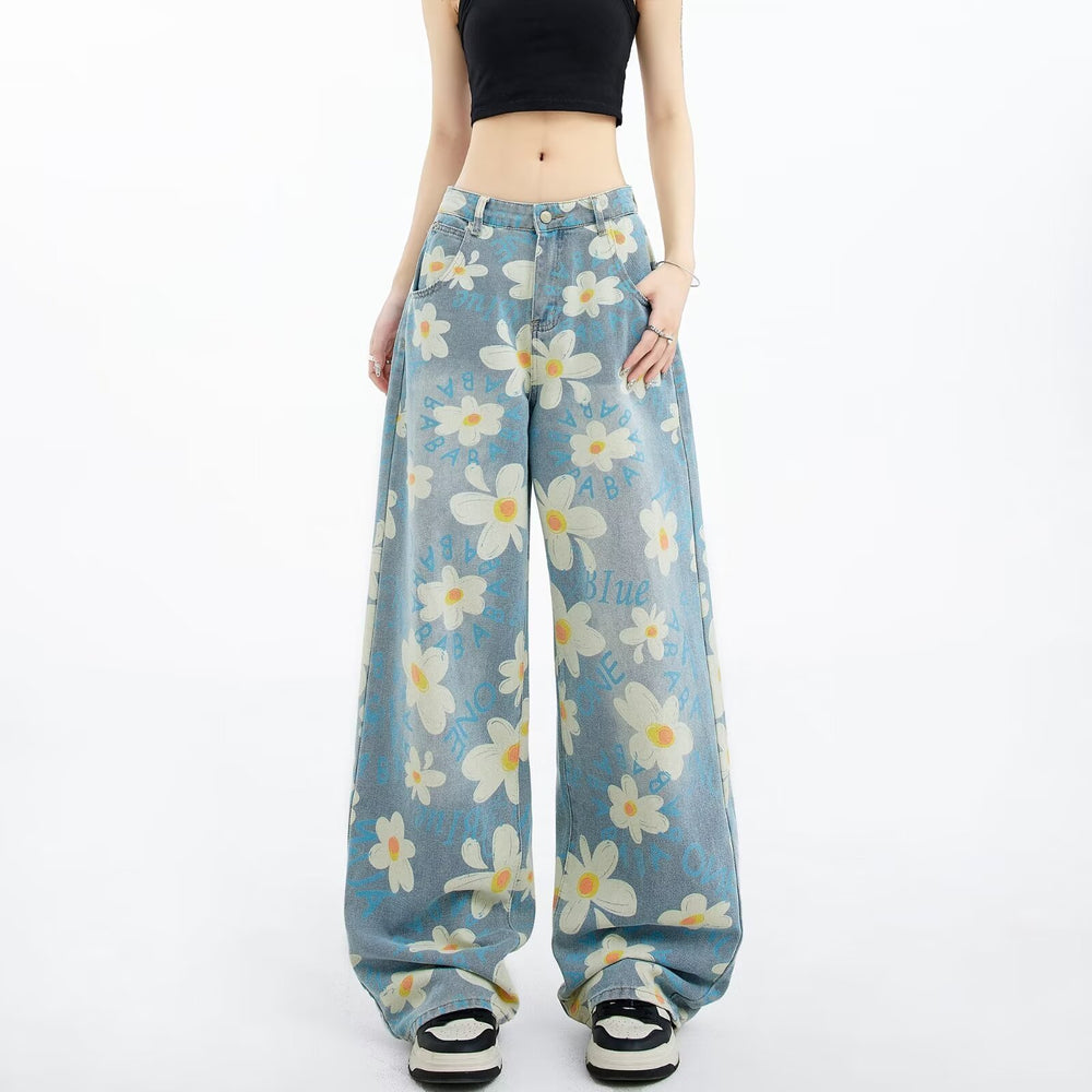 New Summer Printed Floral Wide-leg Washed Jeans For Women in blue with floral design, perfect for casual fashion.