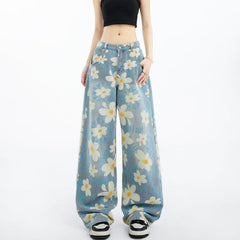 New Summer Printed Floral Wide-leg Washed Jeans For Women in blue with floral design, perfect for casual fashion.