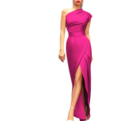 Women's One-shoulder High Waist Front Slit Temperament Dress in vibrant rose red, showcasing elegant A-line design.
