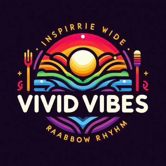 Colorful logo featuring rainbow sun and waves with text 'Vivid Vibes' and playful design elements.