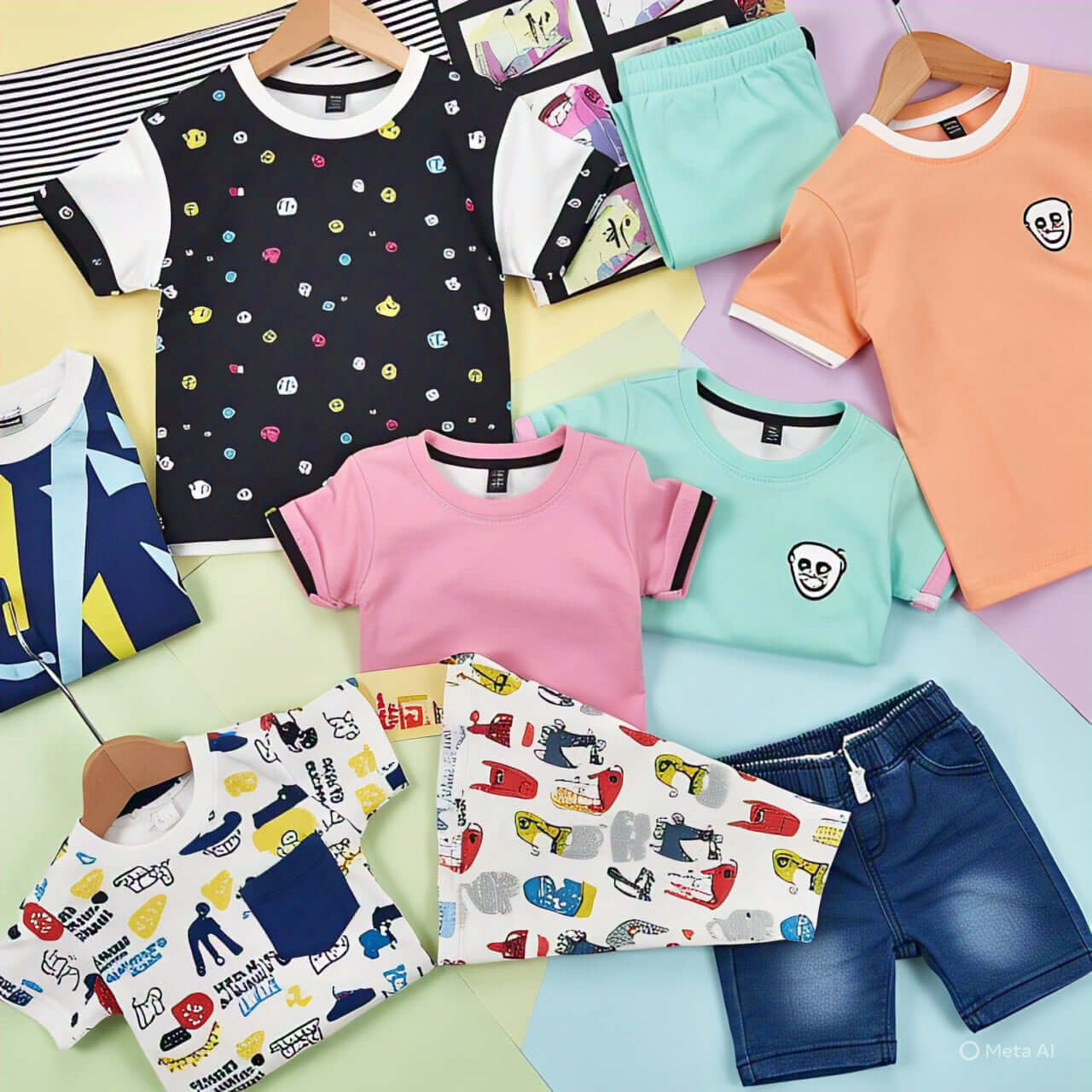 Colorful collection of unisex kids' wear featuring t-shirts and shorts in playful patterns and vibrant colors.