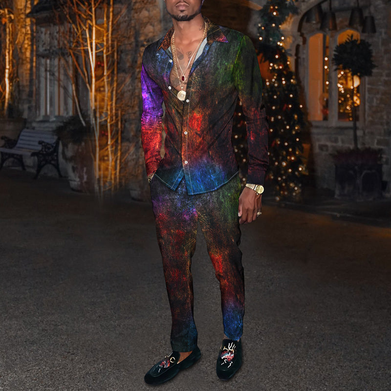 Men's Fashion Casual 3D Colorful Print Long Sleeve Shirt Set