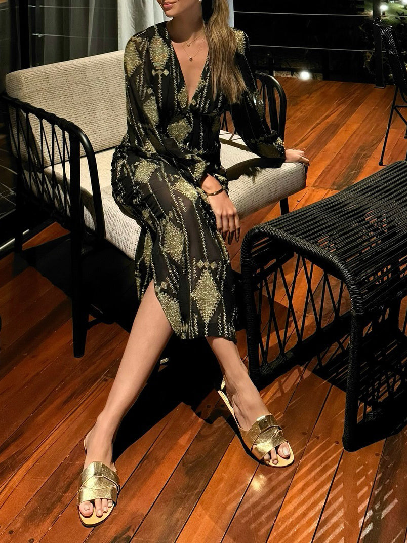 V-neck Printed Long-sleeved Chiffon Dress