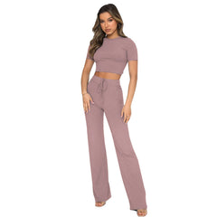 Casual Set Female Solid Color High-elastic in dried shrimp powder featuring a cropped top and trousers.