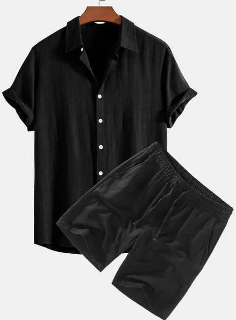 Men's Solid Color Casual Short-sleeved Shirt Shorts Suit in black, featuring short sleeves and comfortable shorts for casual wear.