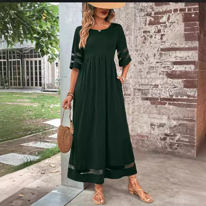 New Hot Sale Five-quarter Sleeve Mesh Patchwork Round Neck Pocket Dress in dark green, perfect for fashionable outings.