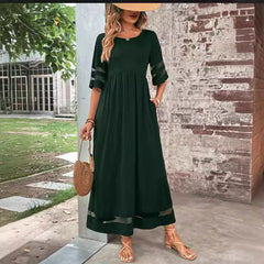 New Hot Sale Five-quarter Sleeve Mesh Patchwork Round Neck Pocket Dress in dark green, perfect for fashionable outings.