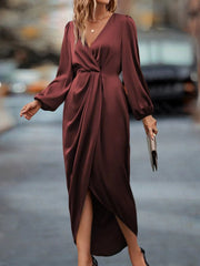 Temperament Pure Color Waist-tight Split V-neck Dress Women in wine red with long sleeves and elegant split design.