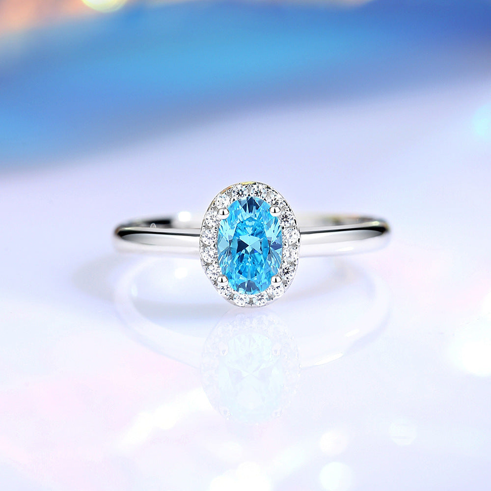 S925 Sterling Silver Ring Female Niche Advanced with blue gemstone and diamond-like accents for fashion jewellery.