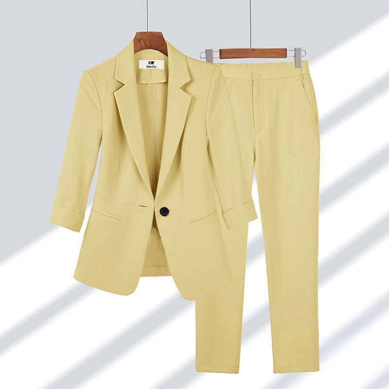 2pcs Casual Blazer Set Solid Color Lapel Single-breasted Jacket And Zipper Straight Pants Women's Office Business Suit in yellow
