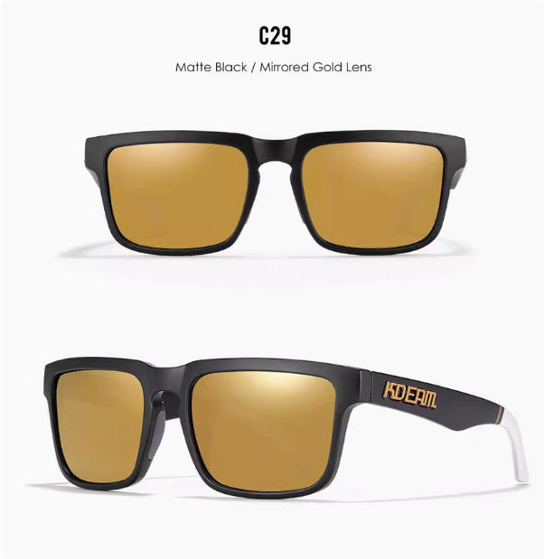 Men And Women Dazzling Color Polarized Sunglasses in matte black with mirrored gold lenses, stylish and protective eyewear.