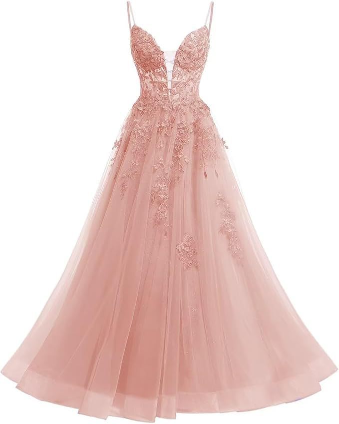 Women's Spaghetti Strap Tulle Long Applique Lace Dress With Long Dress