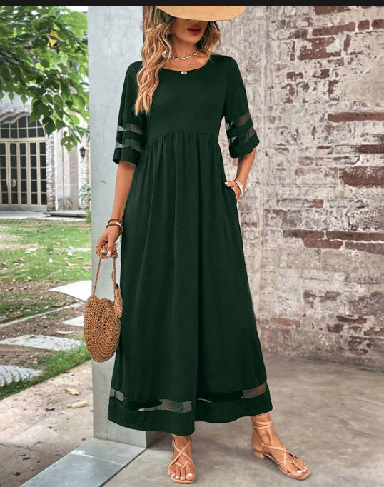 New Hot Sale Five-quarter Sleeve Mesh Patchwork Round Neck Pocket Dress in dark green, perfect for fashion jewellery and Christmas.