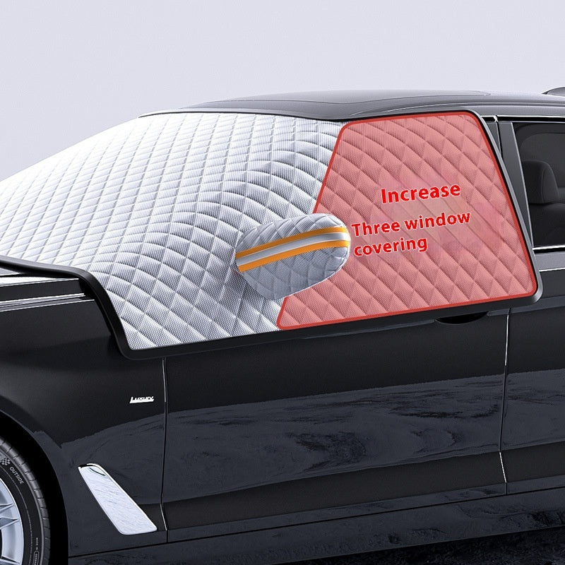 Car Dustproof Sunshade Cover Clothing on a vehicle window, featuring thickened fabric design and three window covering.
