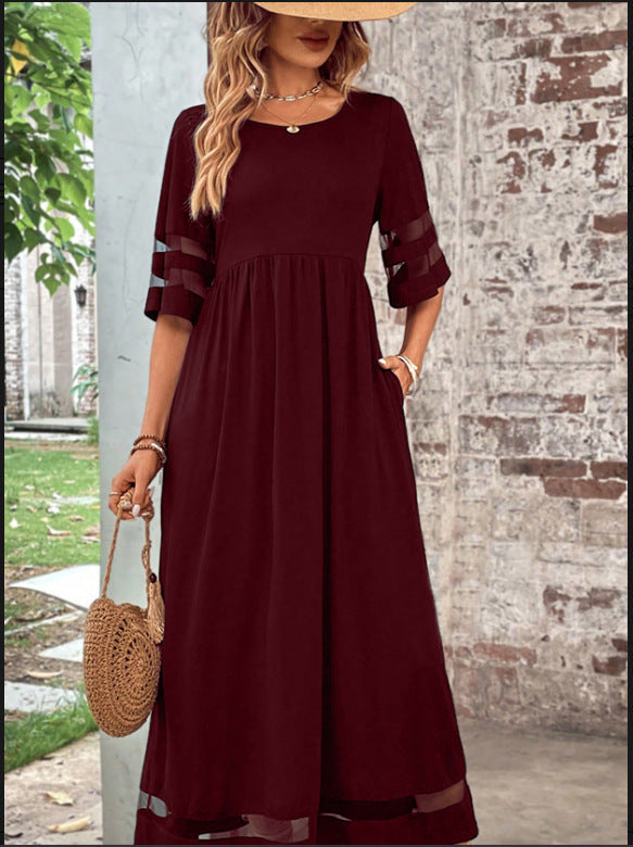 New Hot Sale Five-quarter Sleeve Mesh Patchwork Round Neck Pocket Dress in wine red, featuring a fishtail skirt and stylish design.