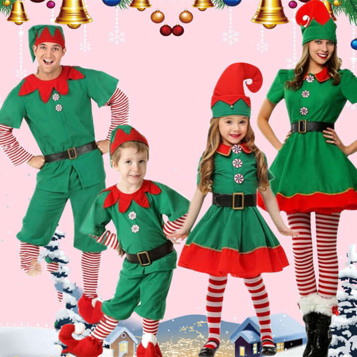 Corduroy Children's Elf Clothing featuring festive elf costumes for kids and adults in vibrant green and red.