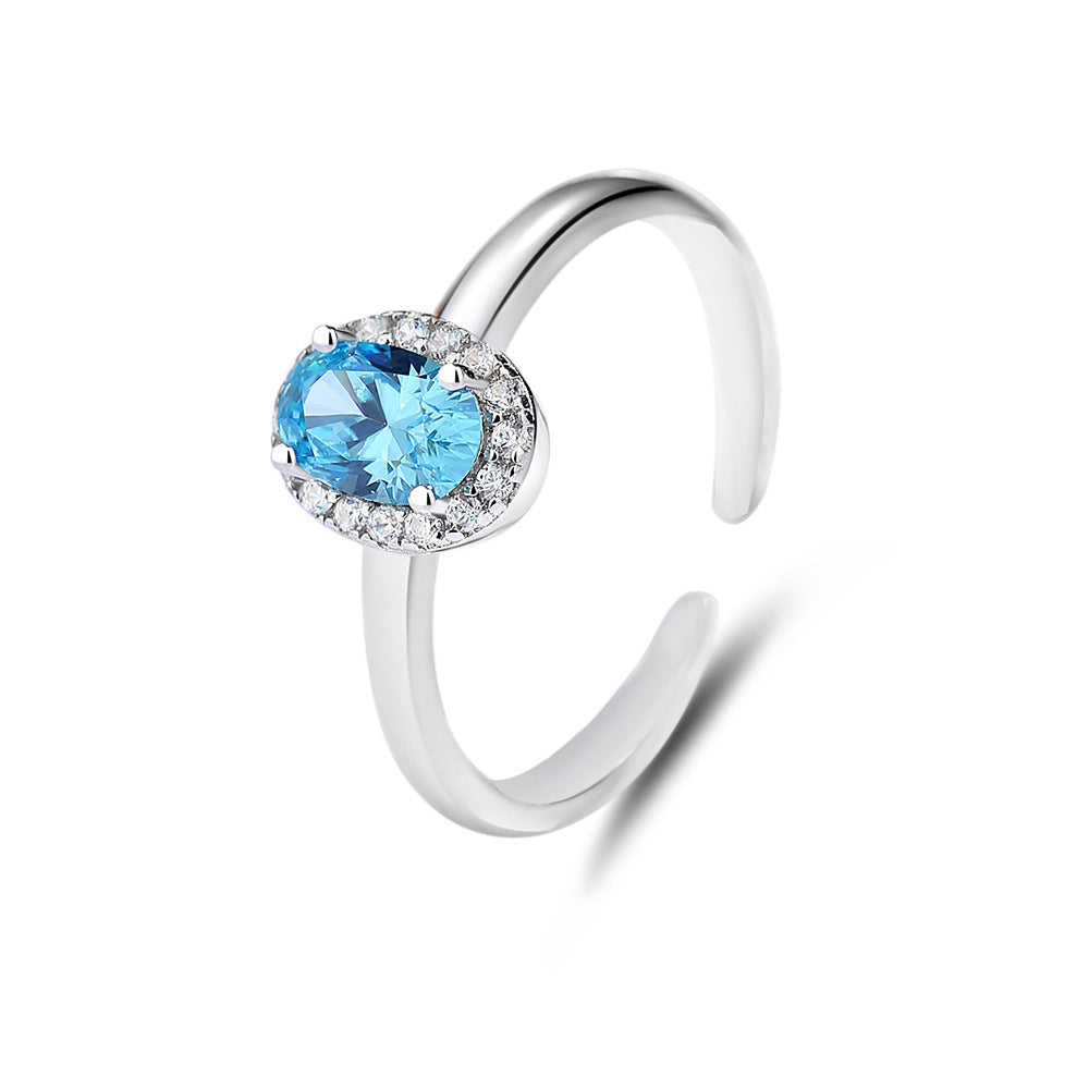 S925 Sterling Silver Ring Female Niche Advanced with blue stone and diamond-like accents.