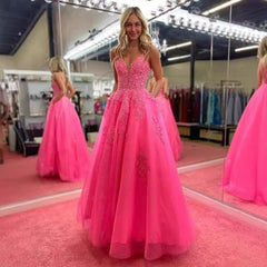 Women's Spaghetti Strap Tulle Long Applique Lace Dress With Long Dress