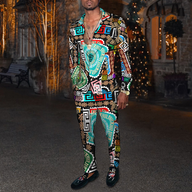 Men's Fashion Casual 3D Colorful Print Long Sleeve Shirt Set