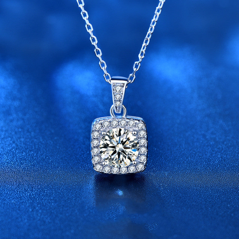 S925 Sterling Silver Jewelry Moissanite Pendant Necklace showcasing a sparkling square design with a central moissanite stone.