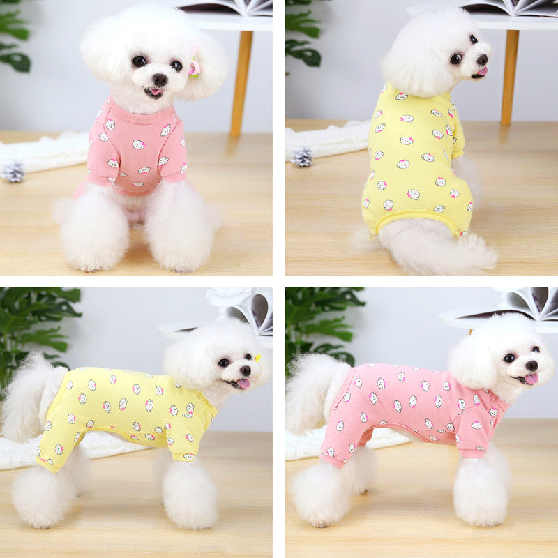 Cotton Cute Pet Pajamas Puppy Dog Clothes Spring And Autumn in yellow and pink colors on fluffy dog.