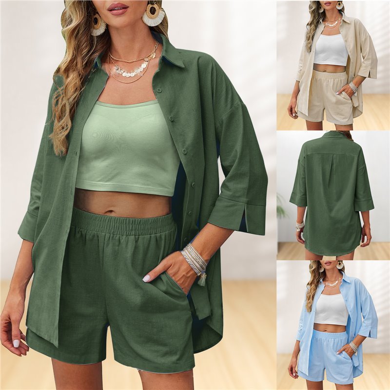 Women's Casual Loose Short Sleeves Shorts Suit in army green, khaki, and sky blue, featuring 3/4 sleeves and stylish shorts.