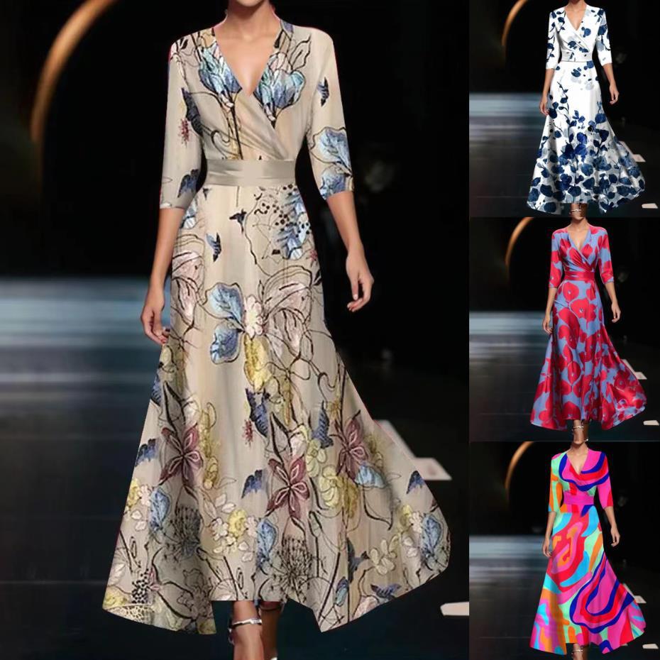 Cross V-neck 34 Sleeve Length Dress in floral pattern, available in various colors and A-line skirt style.