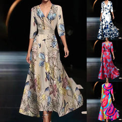 Cross V-neck 34 Sleeve Length Dress in floral pattern, available in various colors and A-line skirt style.