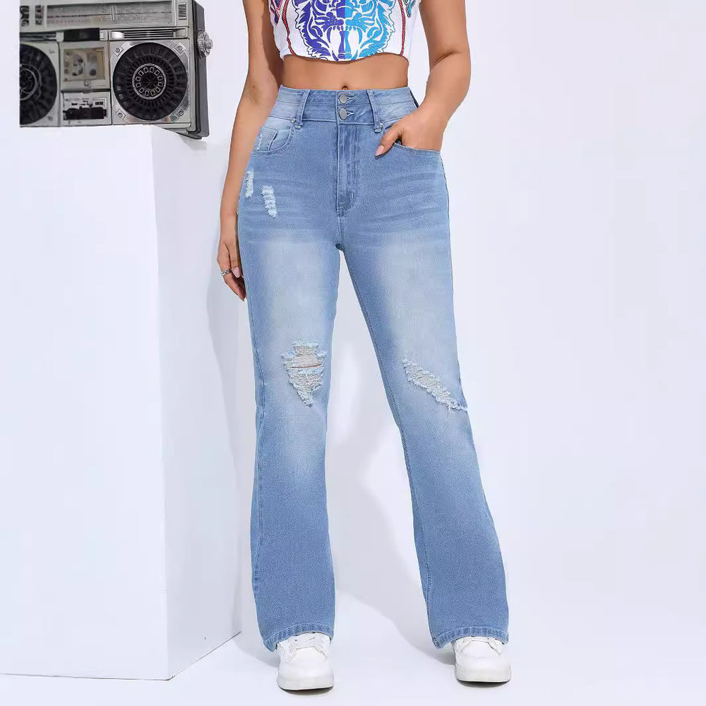 Women's High Elastic Hole Slim Fit All-match Denim Trousers in light blue color, casual street fashion style.