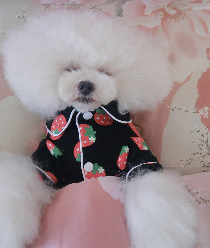 Spring And Summer Dog Clothes Cotton Home Clothes Teddy Pet Air-Conditioned Room in black with strawberry print.