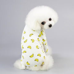 Pet Four-Legged Cotton Home Clothes Dog Pajamas Casual Cartoon Fruit Pattern featuring a dog in banana pajamas.