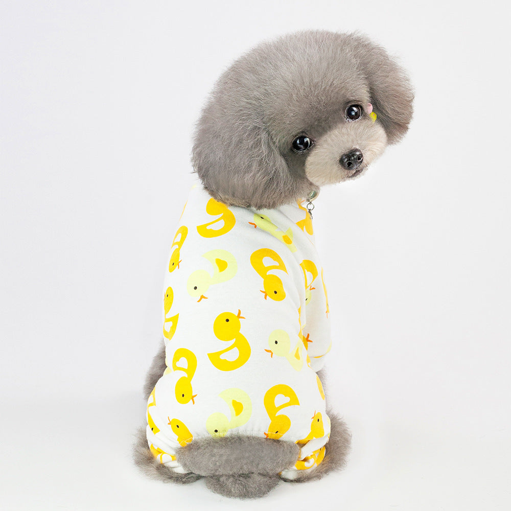 Pet Four-Legged Cotton Home Clothes Dog Pajamas Casual Cartoon Fruit Pattern on a fluffy dog in a duck print.