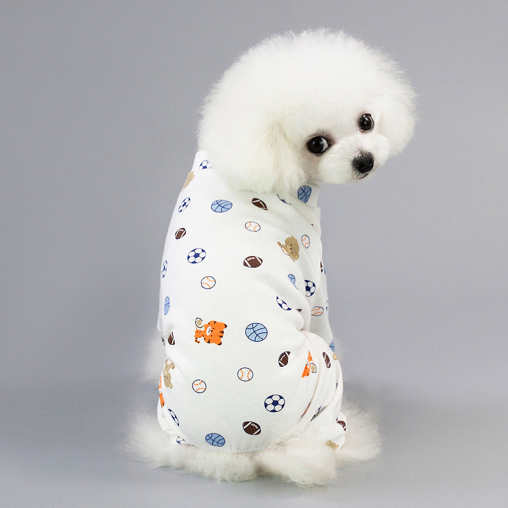 Pet Four-Legged Cotton Home Clothes Dog Pajamas Casual Cartoon Fruit Pattern featuring a cute dog in sports-themed pajama.