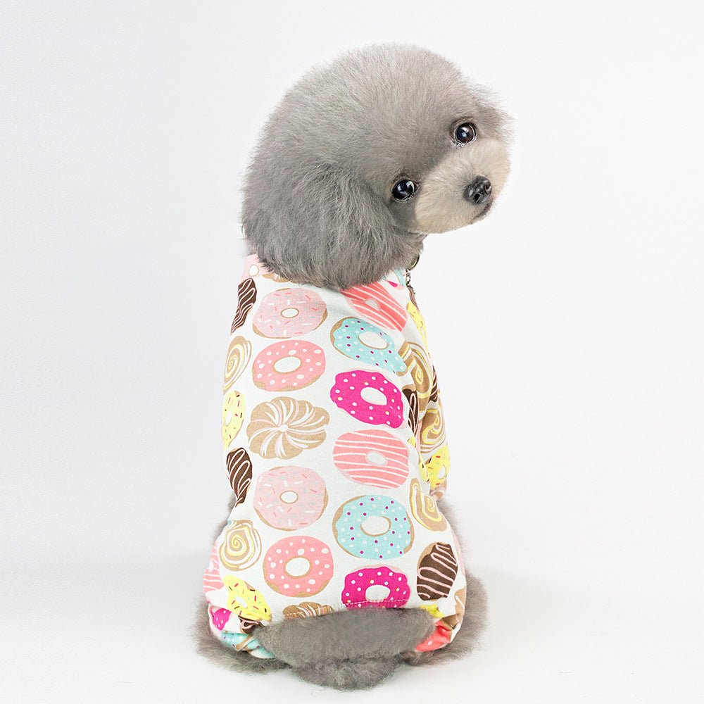 Pet Four-Legged Cotton Home Clothes Dog Pajamas Casual Cartoon Fruit Pattern on a cute dog model.