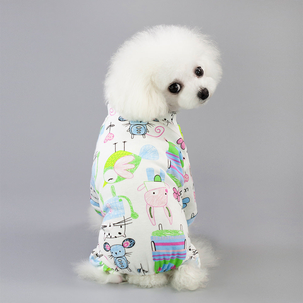 Pet Four-Legged Cotton Home Clothes Dog Pajamas Casual Cartoon Fruit Pattern on a fluffy dog in a playful pose.
