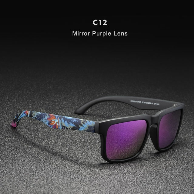 Sun Glasses Sunglasses Women For men Round man Sports Cat with mirror purple lens and colorful patterned arms.